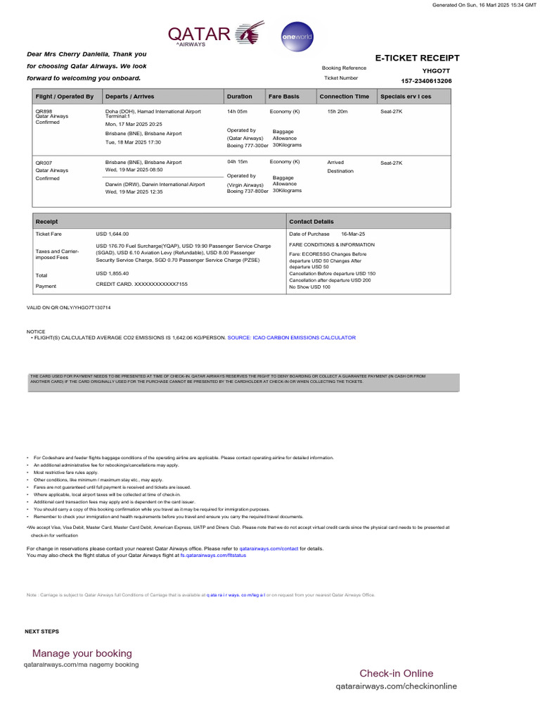 Qatar Airways E-Ticket Receipt Details | PDF | Debit Card | Visa Inc.