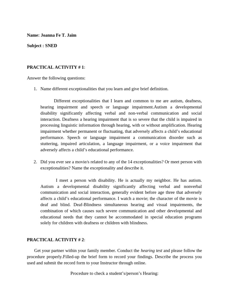 SNED Activities and Assessments Guide | PDF | Hearing | Hearing Loss
