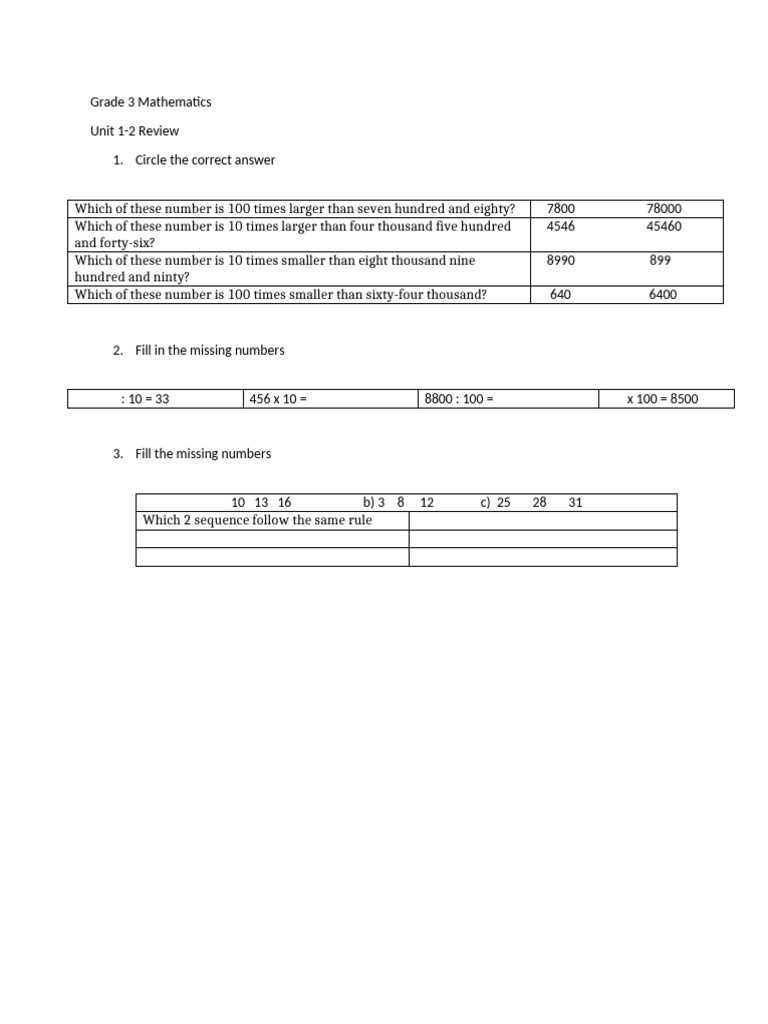 Grade 3 Math Unit 1-2 Review Questions | PDF