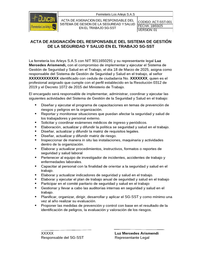 Acta de Asignación SG-SST 2025 | PDF | Seguridad y salud ocupacional