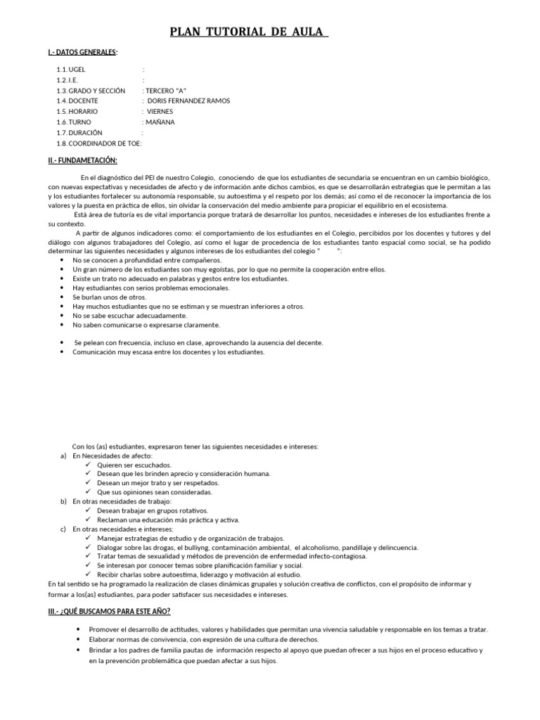 PLAN TUTORIAL DE AULA 3° y Unidad de 1° Al 4° Bimestre. | PDF ...