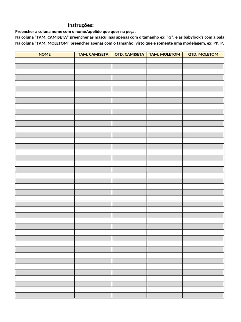 Tabela Modelo Nomes Pdf