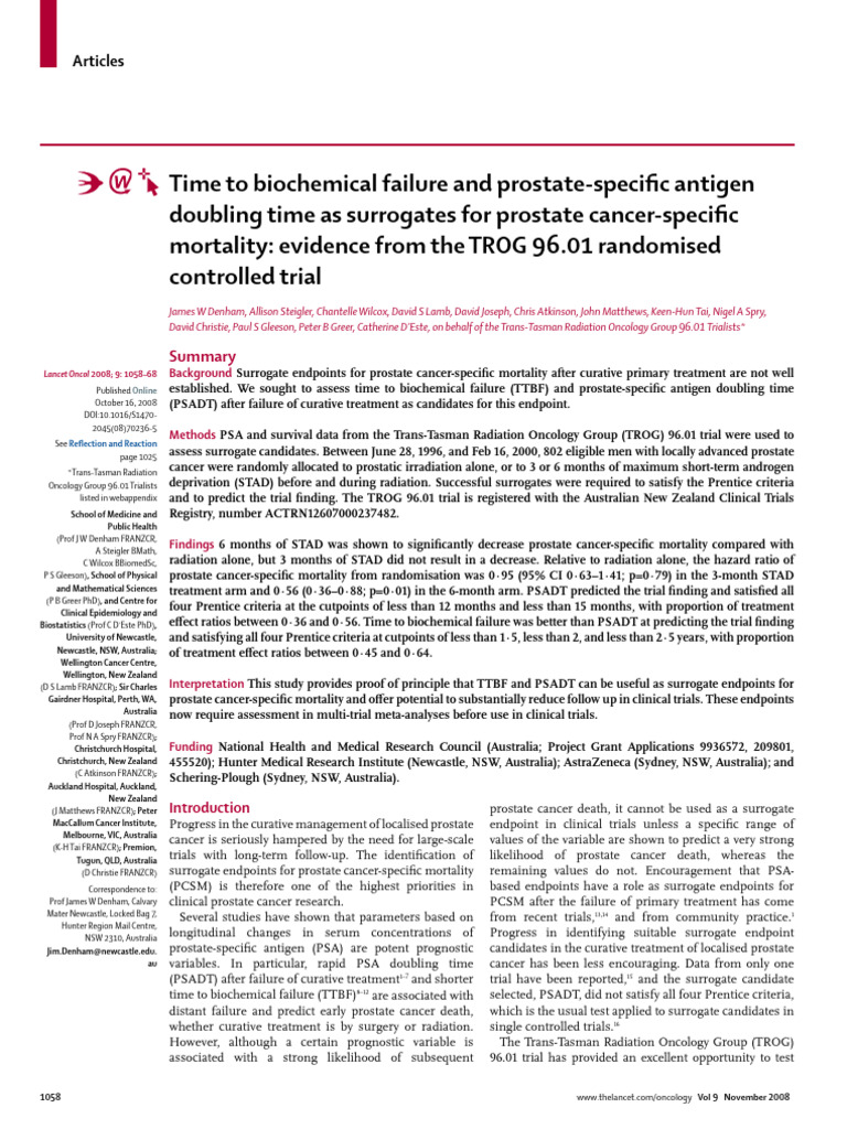 Time To Biochemical Failure and Prostate-Specific Antigen Doubling Time ...