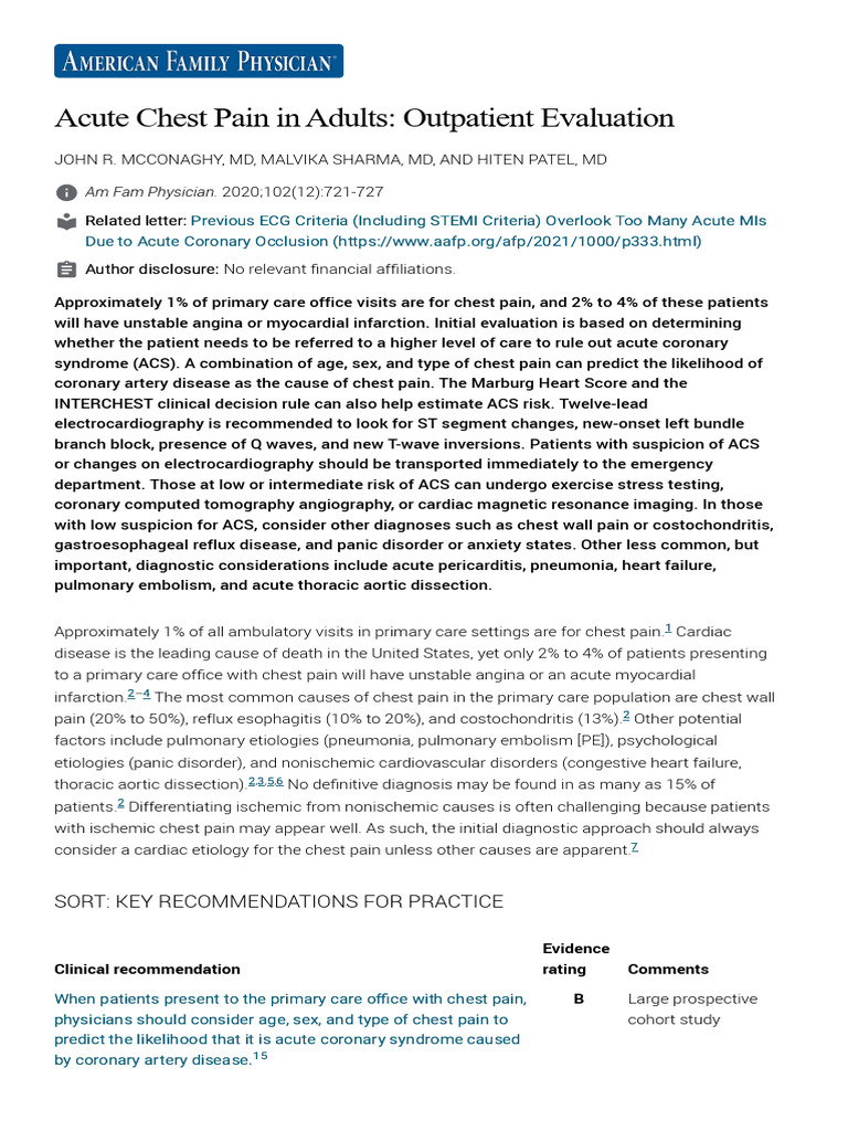Acute Chest Pain in Adults - Outpatient Evaluation - AAFP | PDF ...