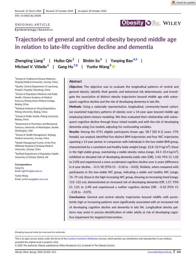 Obesity Trajectories and Cognitive Decline | PDF | Dementia | Body Mass ...