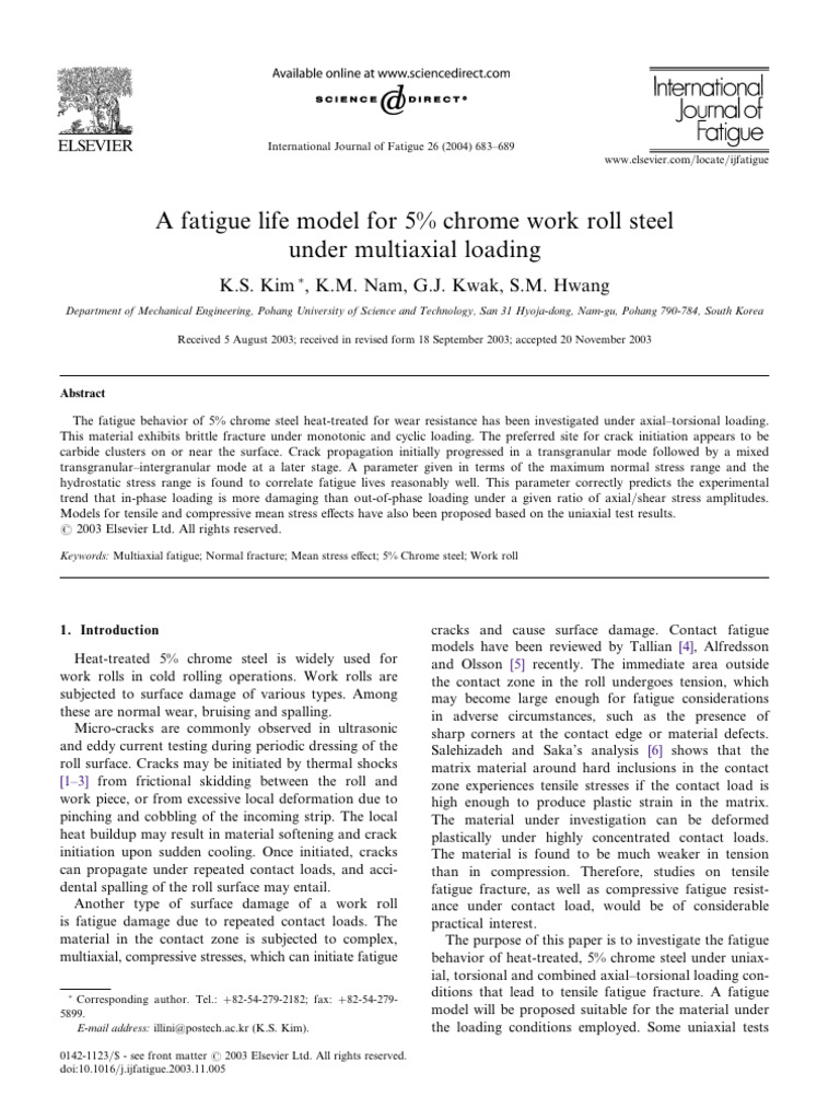 A Fatigue Life Model For 5% Chrome Work Roll Steel Under Multiaxial ...
