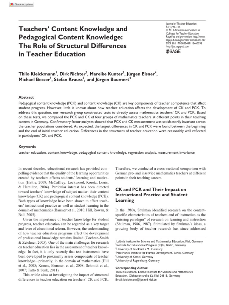 Impact of Teacher Education on CK and PCK | PDF | Teachers | Behavior ...