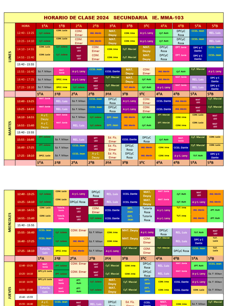 Horario Clases Secundaria 2024 IE MMA-103 | PDF
