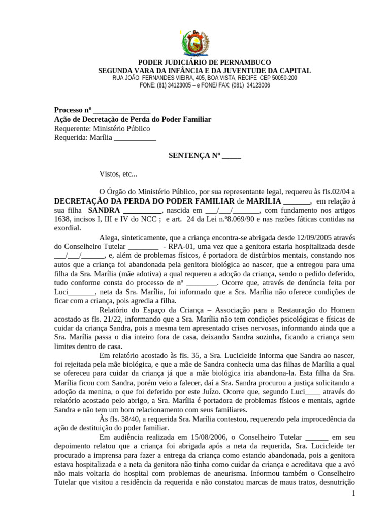 Decretação de Perda do Poder Familiar | PDF | Sentença (jurídico) | Família