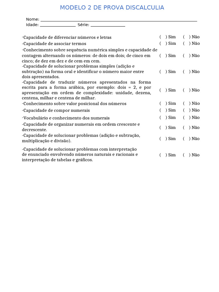 Modelo de Prova de Discalculia | PDF
