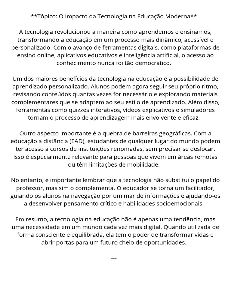 Impacto da Tecnologia na Educação Moderna | PDF