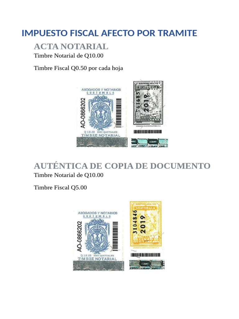 Costos de Timbres Notariales y Fiscales | PDF