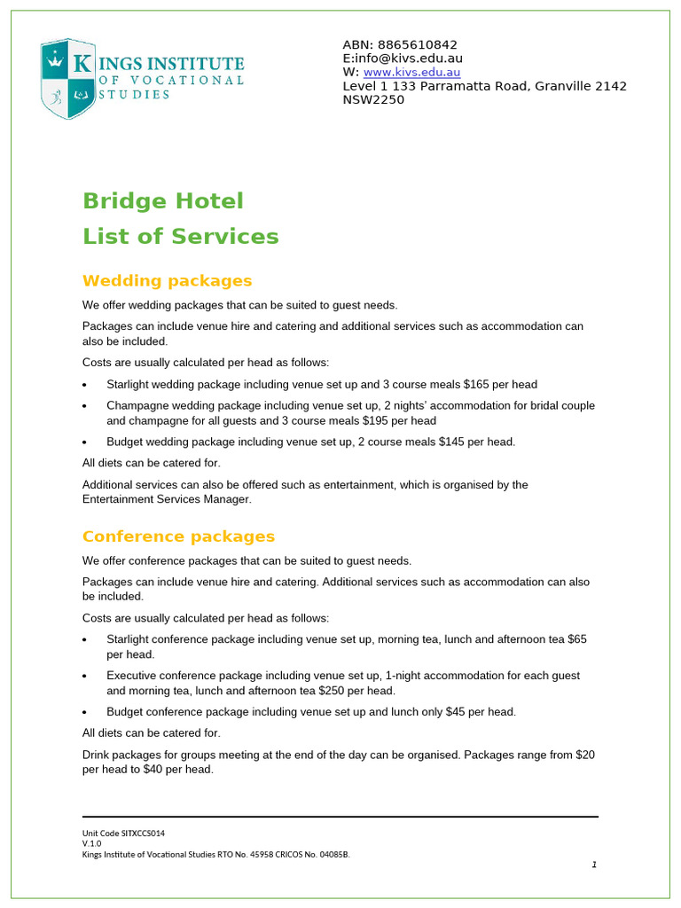 SITXCCS014 List of Services.v1.0 | PDF | Lunch | Meal