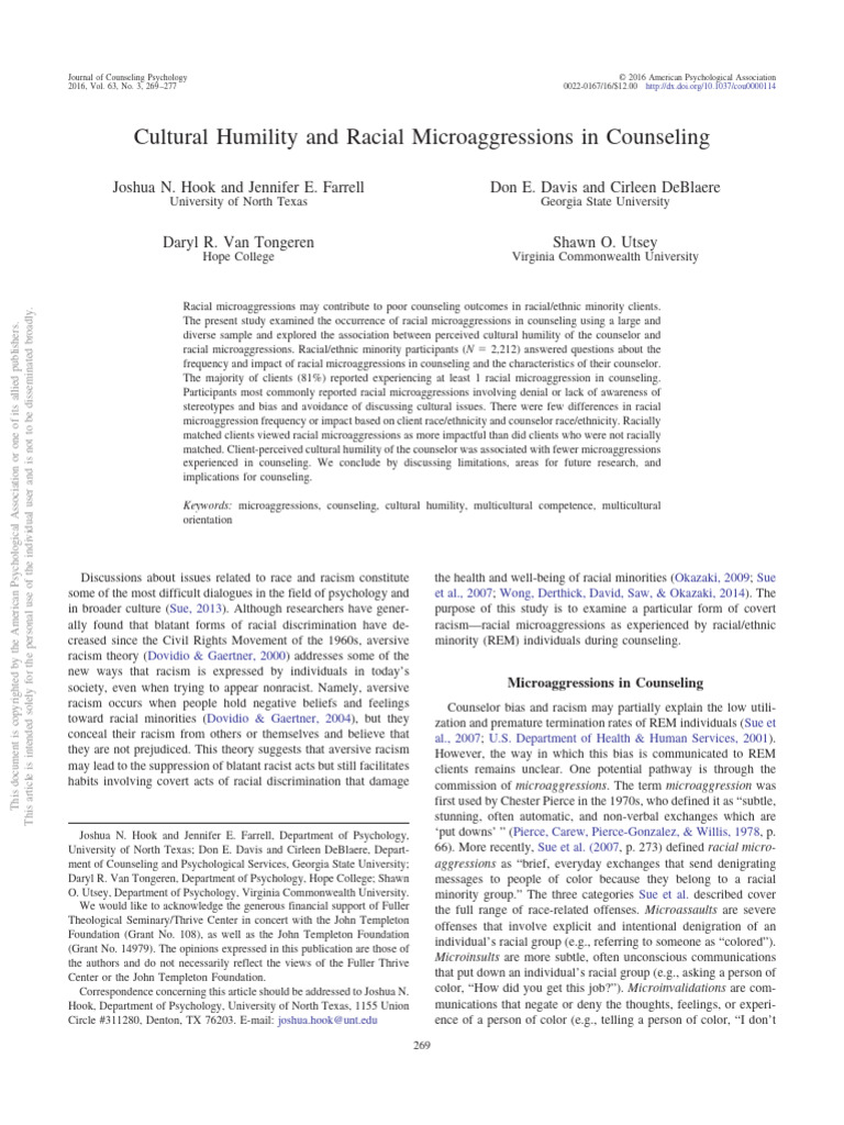 Cultural Humility and Racial Microaggressions in Counseling | PDF ...