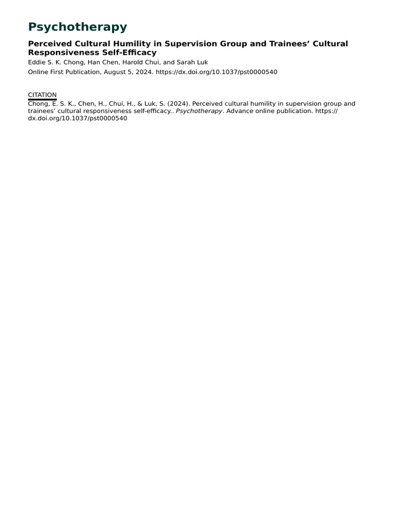 Perceived Cultural Humility in Supervision Group and Trainees' Cultural ...