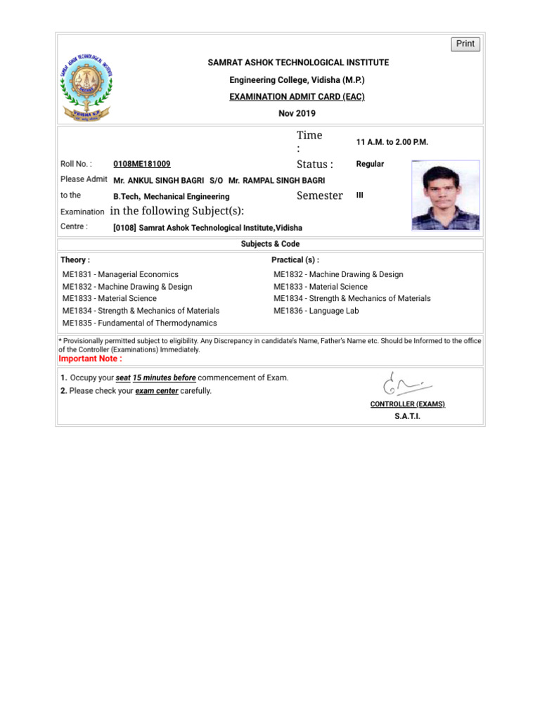 Admit Card 3 RD Sem | PDF