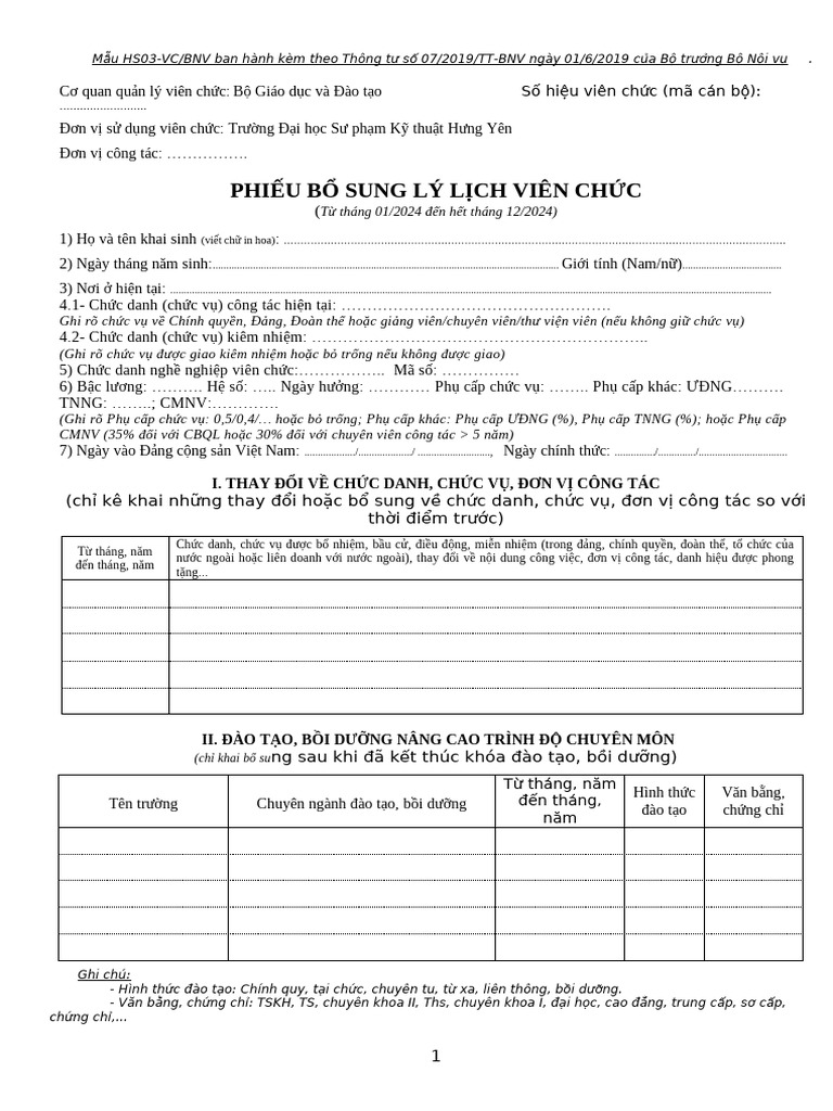 Phieu Bo Sung LLVC Hang Nam (Mau Hs03) | PDF