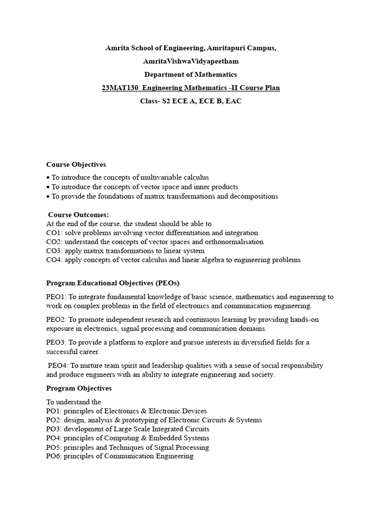 23MAT130 Engineering Mathematics 2 Courseplan | PDF | Vector Space ...