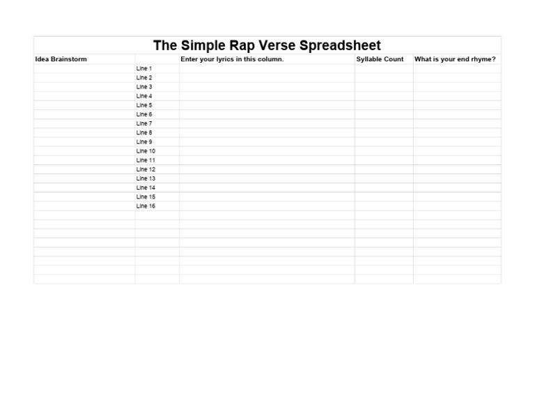 The+Simple+Rap+Verse+Spreadsheet+ +sheet1 | PDF