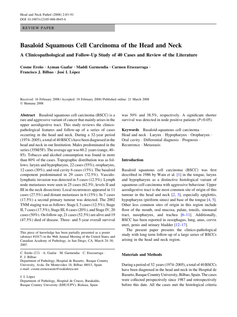 Basaloid Squamous Cell Carcinoma Study | PDF | Head And Neck Cancer ...