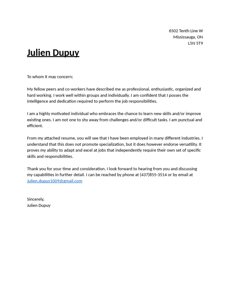 Professional Cover Letter by Julien Dupuy | PDF