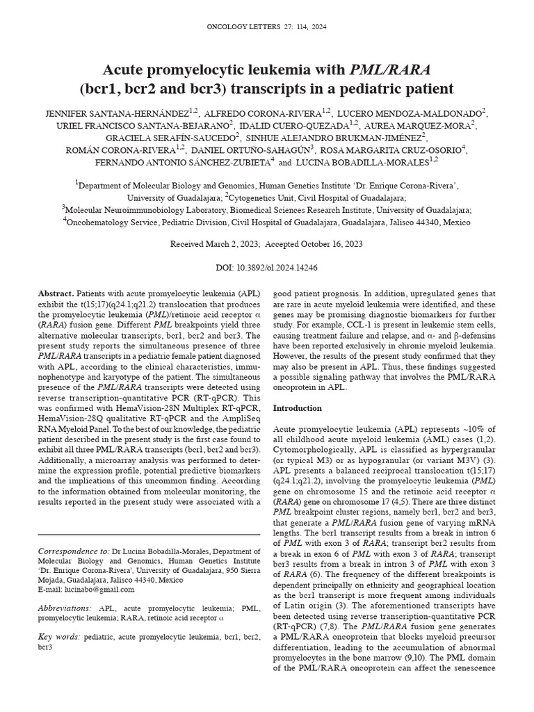 2024 Acute Promyelocytic Leukemia With Pml:Rara (Bcr1, Bcr2 and Bcr3 ...