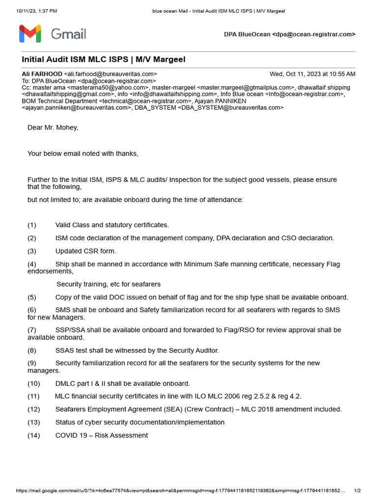 Initial ISM MLC ISPS Audit for M/V Margeel | PDF