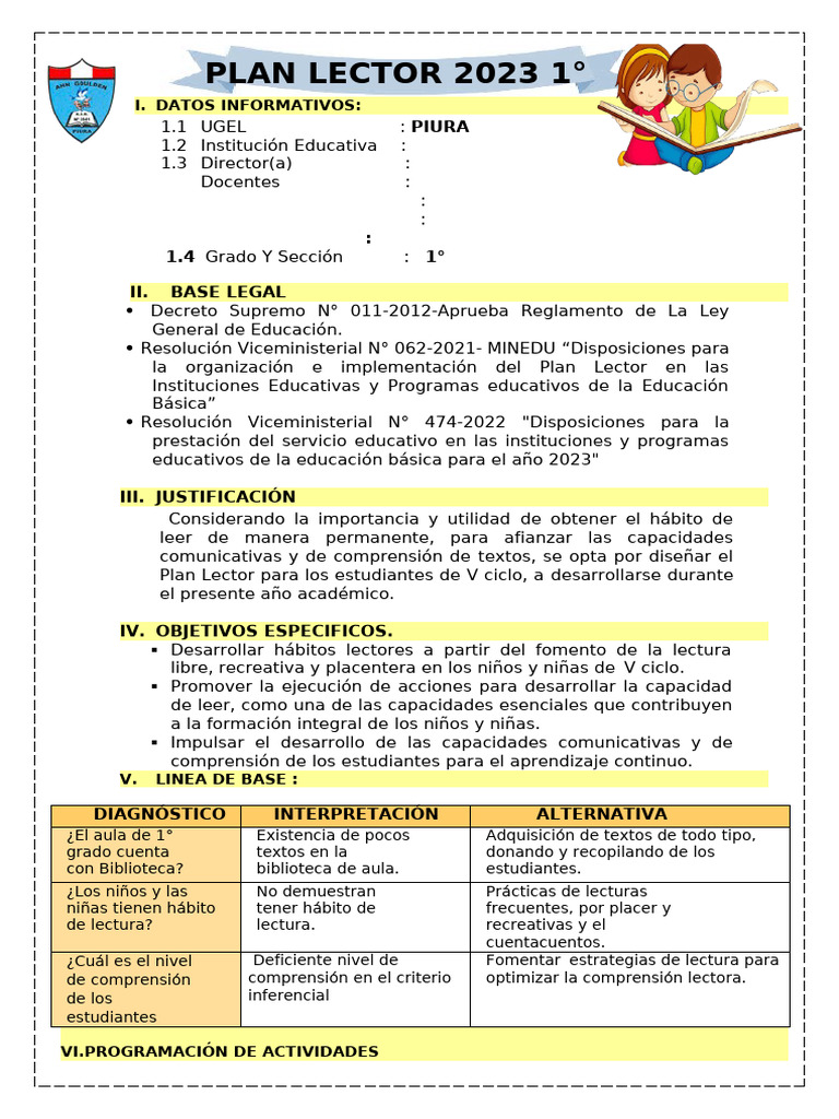 Plan Lector 2023 para 1° Grado | PDF | Maestros | Comprensión lectora