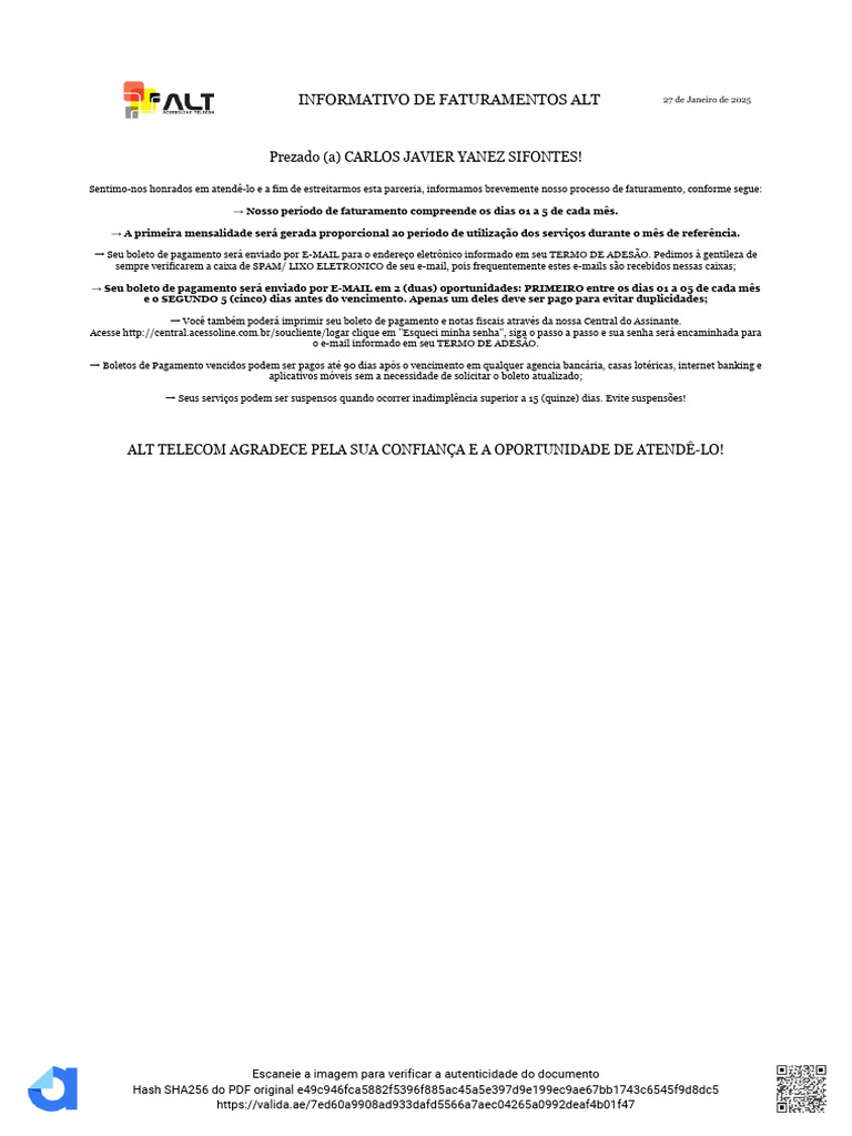 Informações sobre Faturamento ALT Telecom | PDF