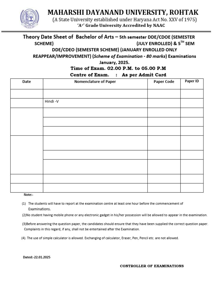 MDU BA 5th Sem Date Sheet January 2025 | PDF