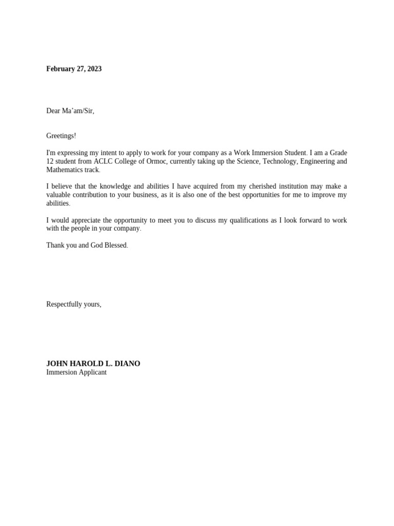 Work Immersion Application Letter | PDF