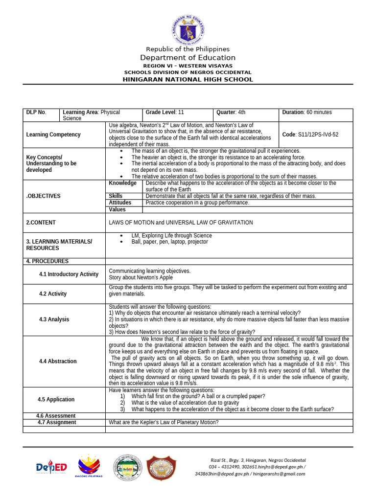 Grade 11 Physical Science Lesson Plan | PDF | Gravity | Acceleration