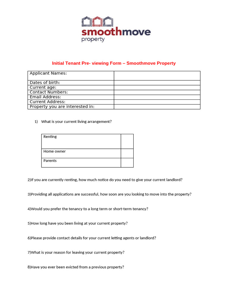 Tenant Pre-Viewing Application Form | PDF