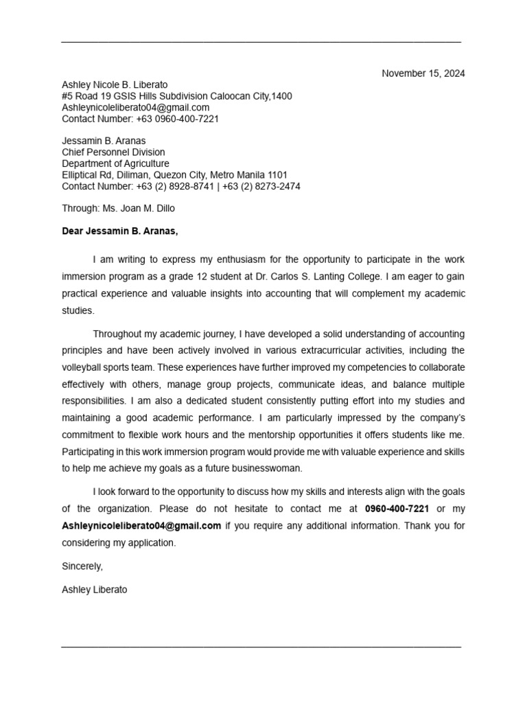 Work Immersion Application Letter | PDF