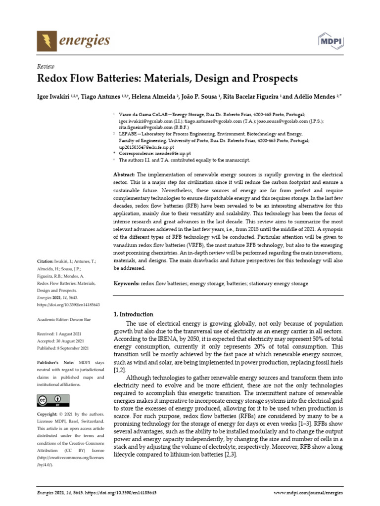 Redox Flow Batteries: Materials, Design and Prospects: Review | PDF ...