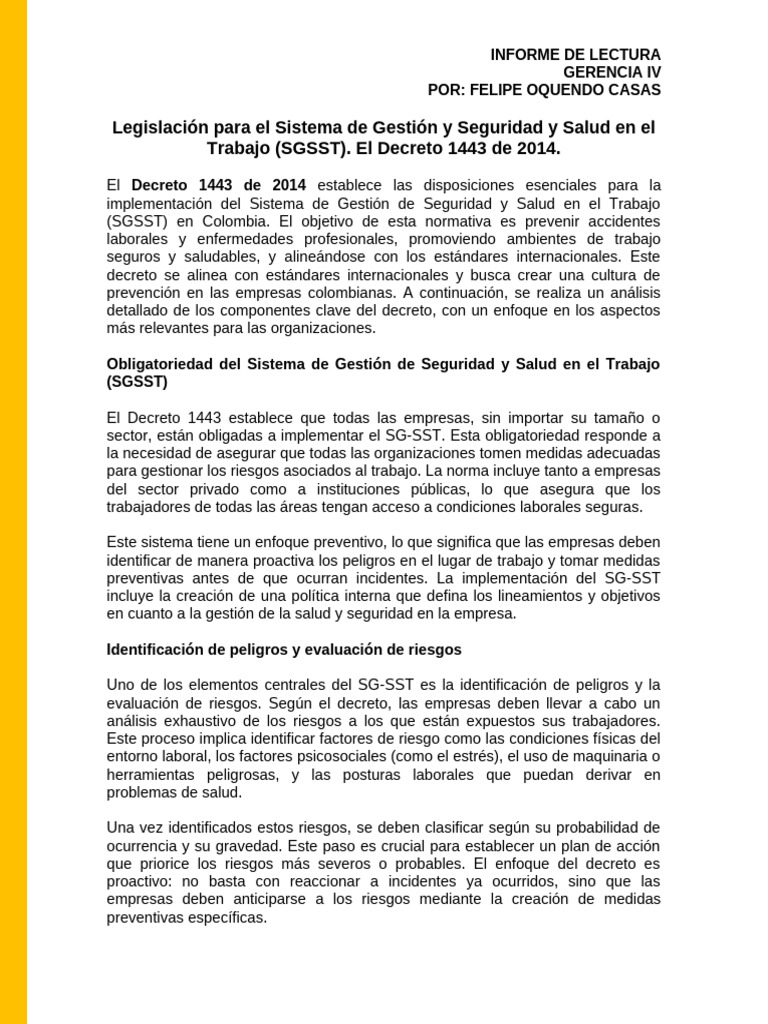 Informe Decreto 1443 de 2014 | PDF | Seguridad y salud ocupacional ...