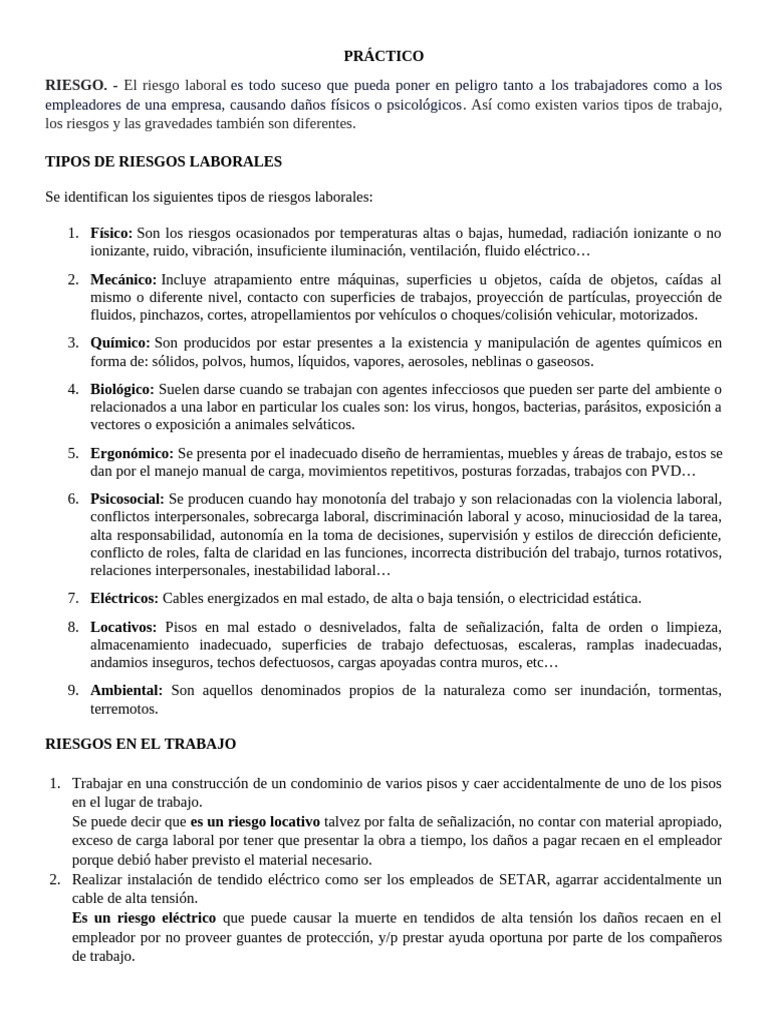 Tipos y Ejemplos de Riesgos Laborales | PDF