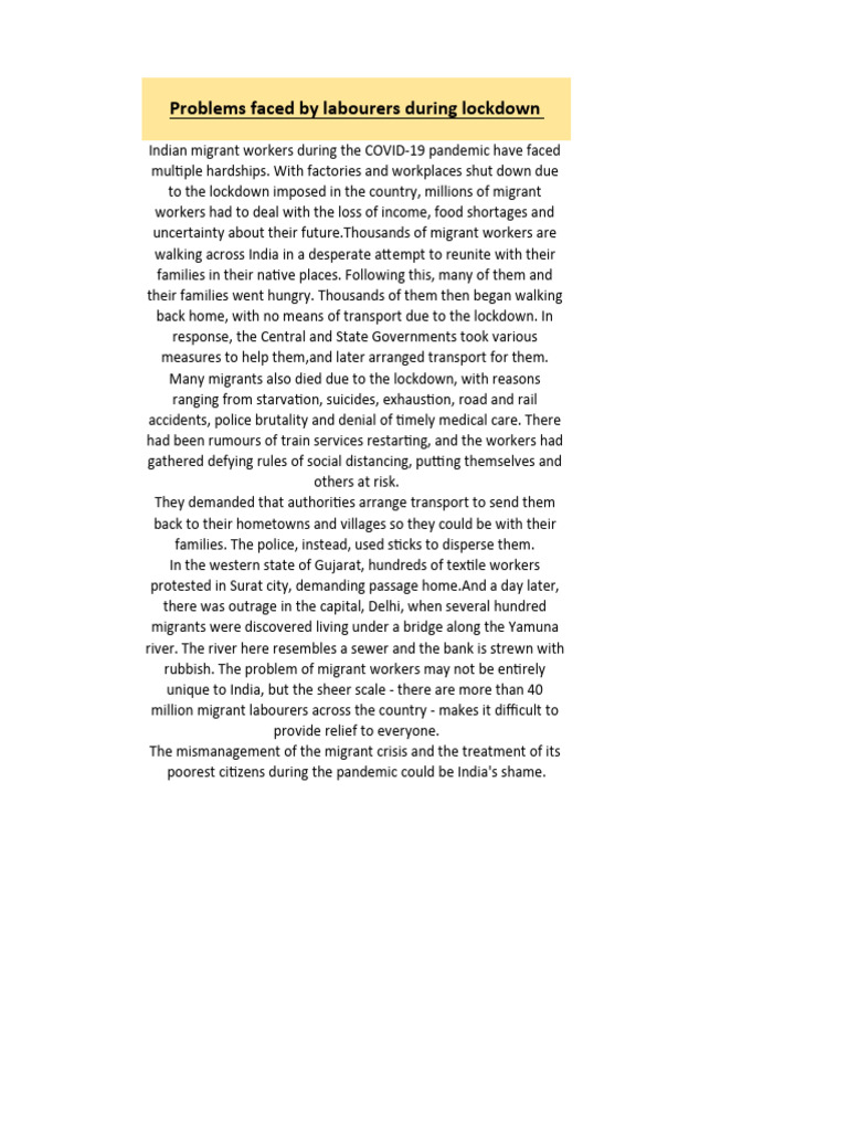 Paragraph of English Problems Faced by Labourers | PDF