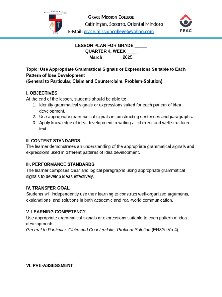 EFDT Lesson Plan: Idea Development Patterns | PDF | Learning ...