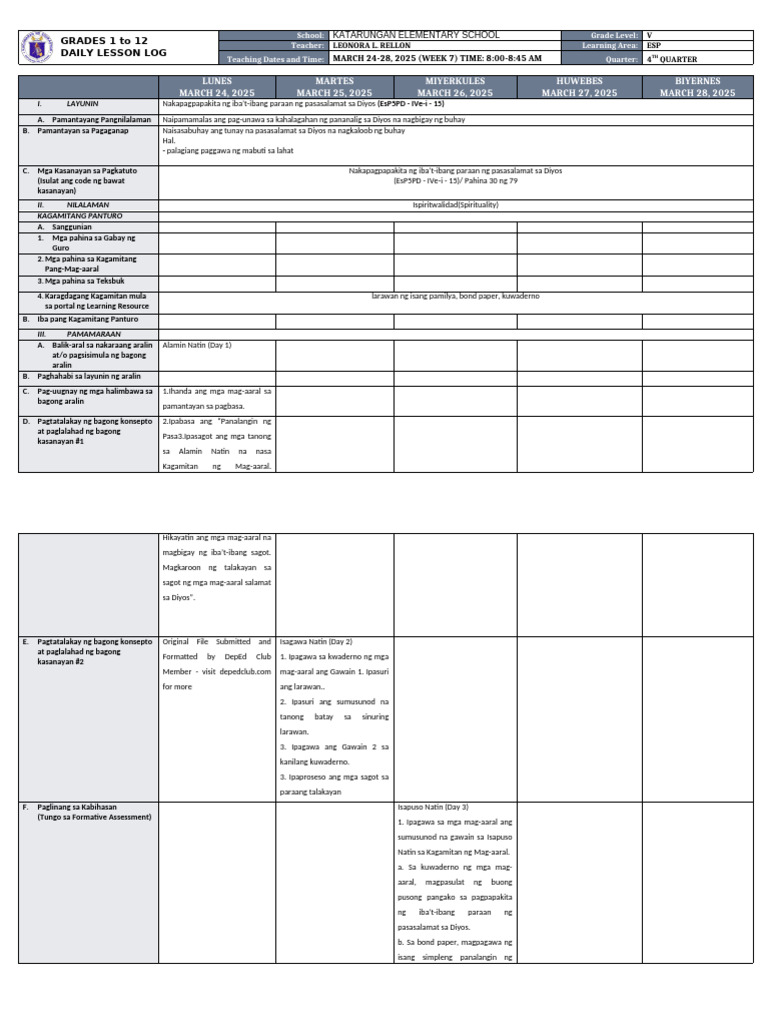 Grade 5 Daily Lesson Log: ESP Week 7 | PDF | Differentiated Instruction ...