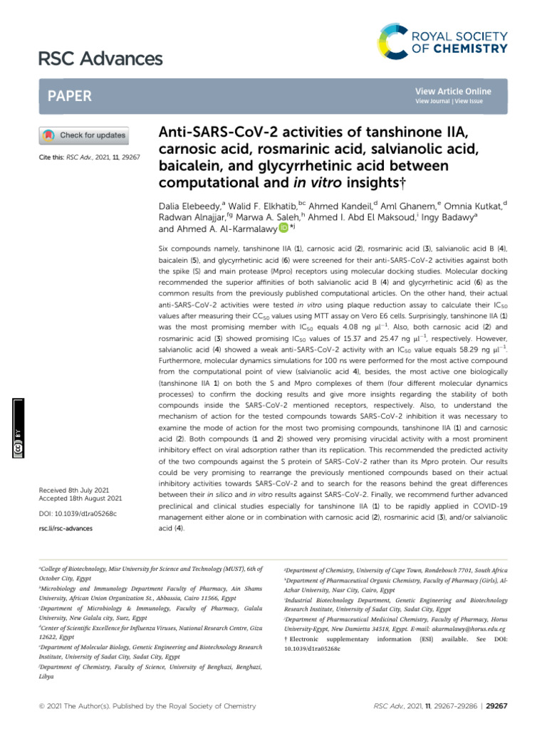 RSC Advances: Paper | PDF | Antiviral Drug | Docking (Molecular)