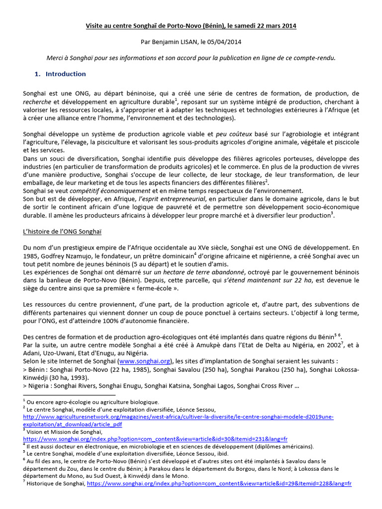 Visite Au Centre Songhai de Porto Novo - Benin | PDF | Afrique | Madagascar