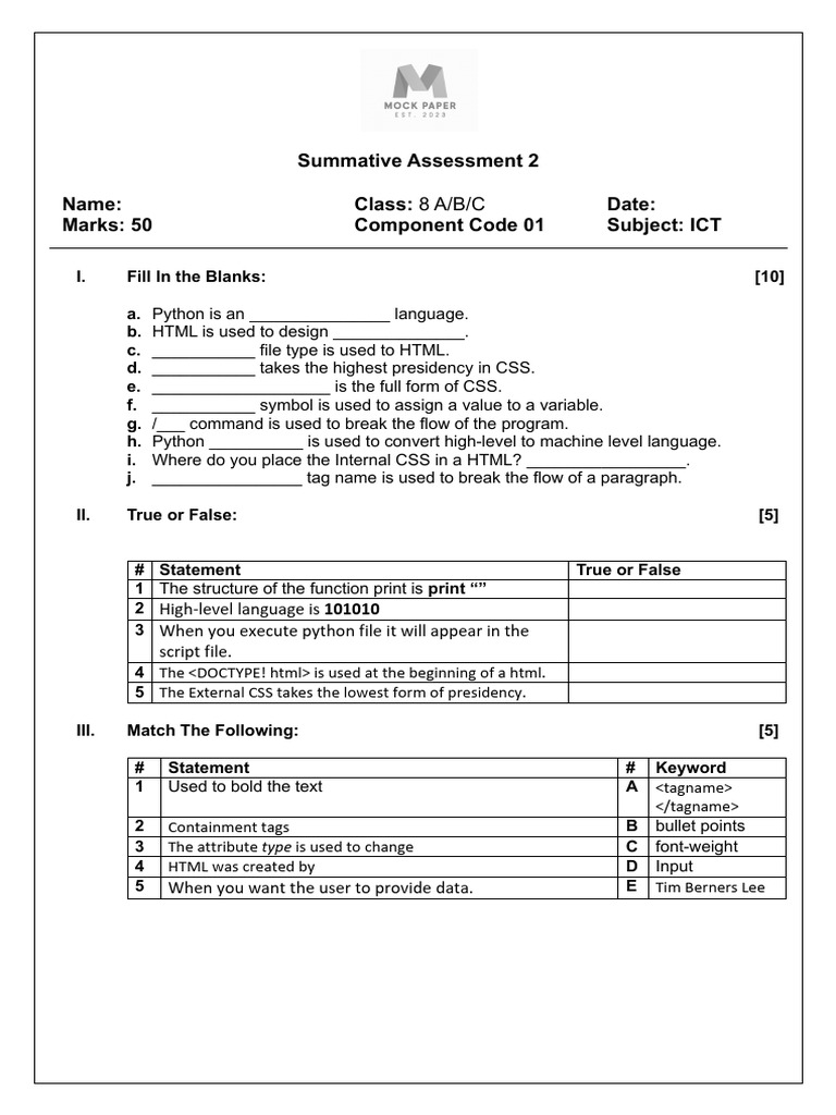 ICT Summative Assessment for Class 8 | PDF | Html | Volume