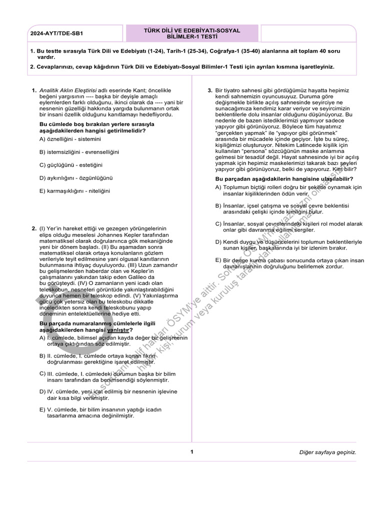 Ayt Sorular Sayfalar 1 | PDF