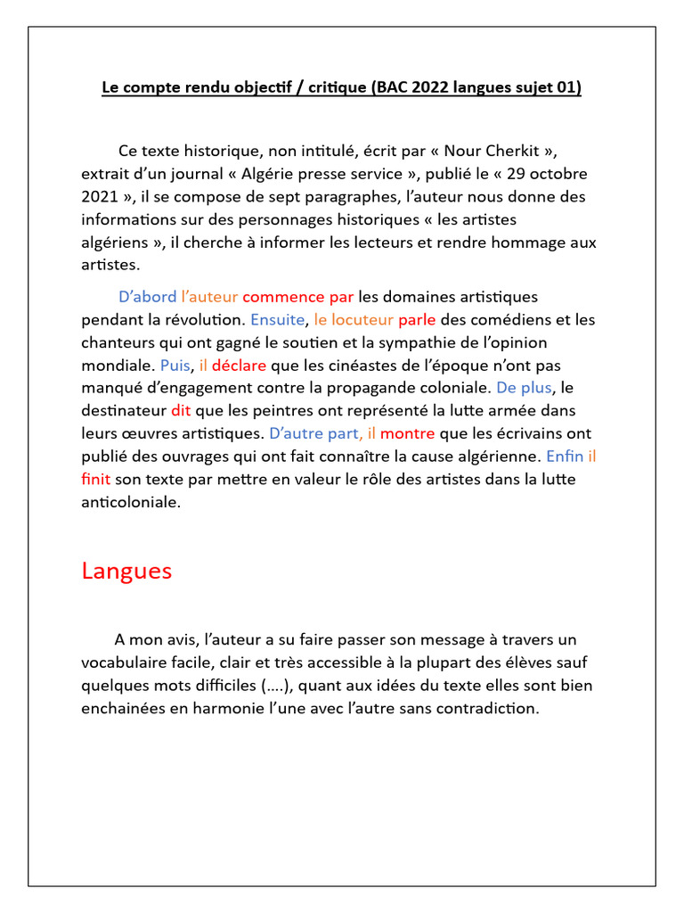 Compte rendu critique BAC 2022 Langues | PDF