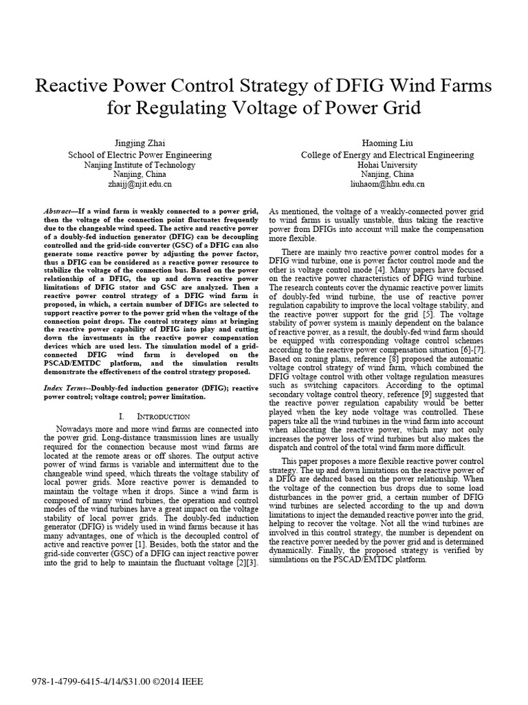 Reactive Power Control Strategy of DFIG Wind Farms Zhai2014 | PDF | Ac ...