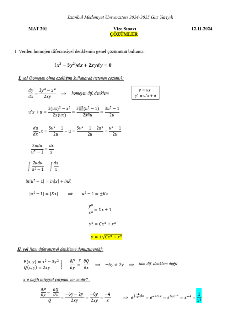 MAT201 - Vize Çözüm - 2024 Güz | PDF