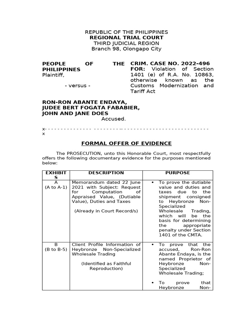 Evidence Submission in Customs Case | PDF | Justice | Crime & Violence