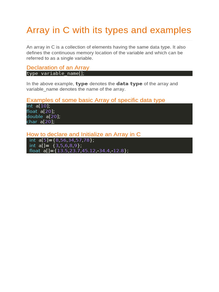 Array in C with its types and examples | PDF | Integer (Computer ...
