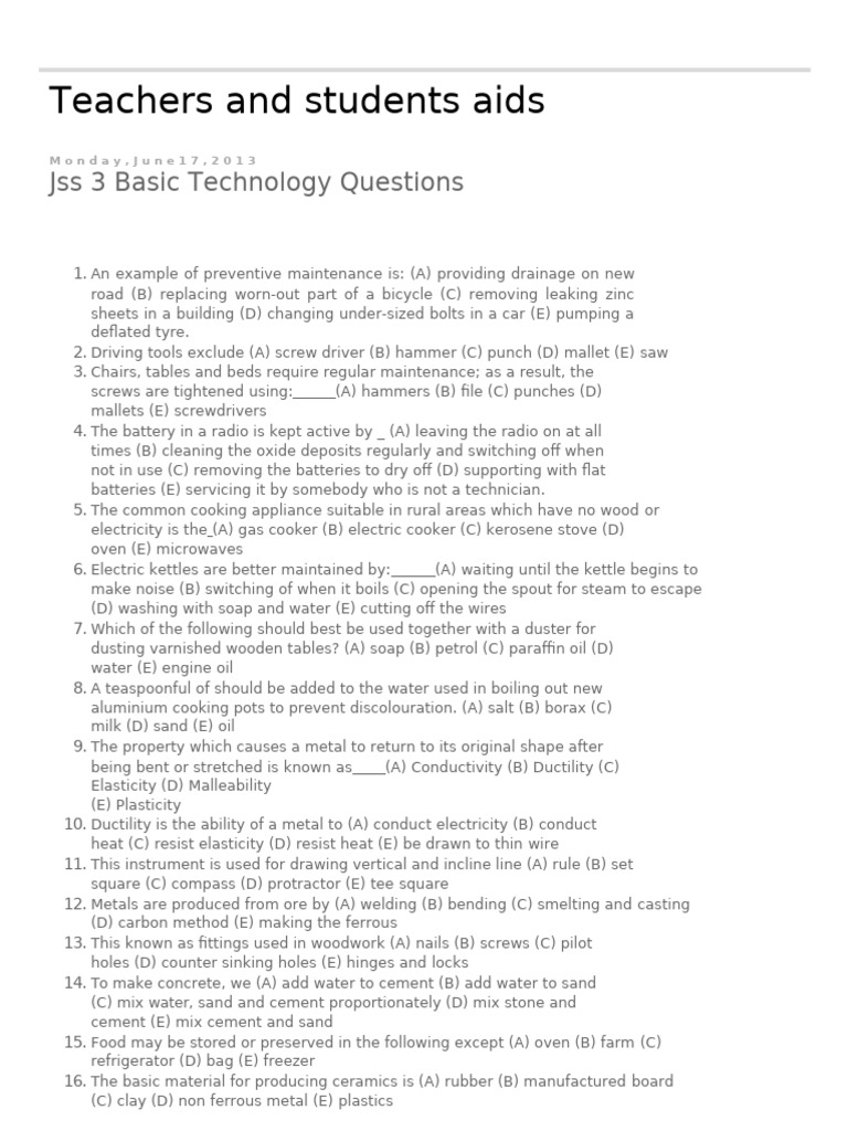 JSS 3 Basic Technology Questions | PDF | Metals | Ductility